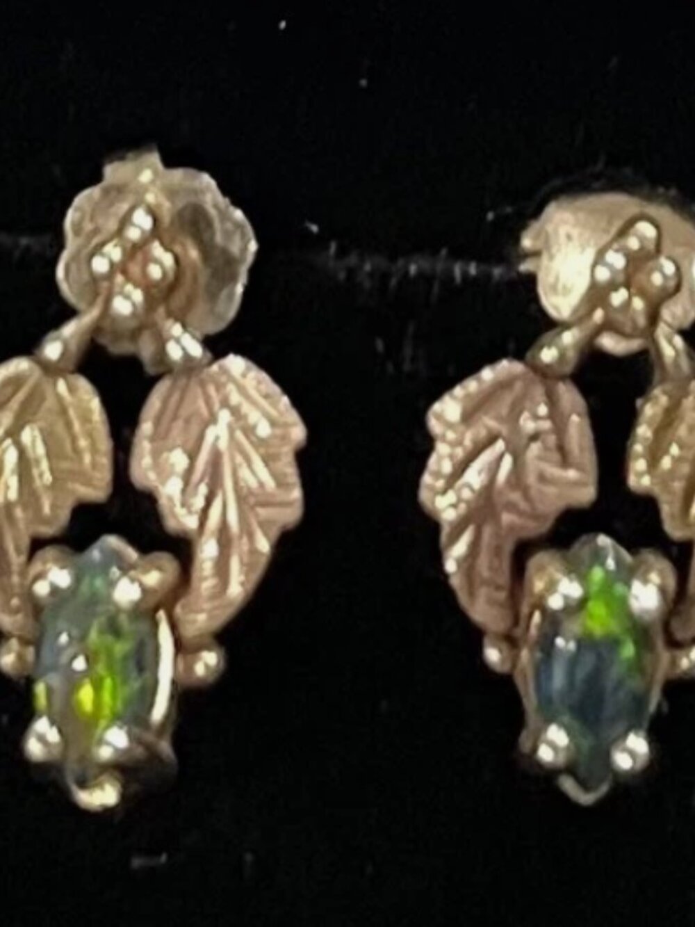 Vintage Black Hills Gold 10K Yellow Gold Black Opal Stud Earrings 12K Leaves